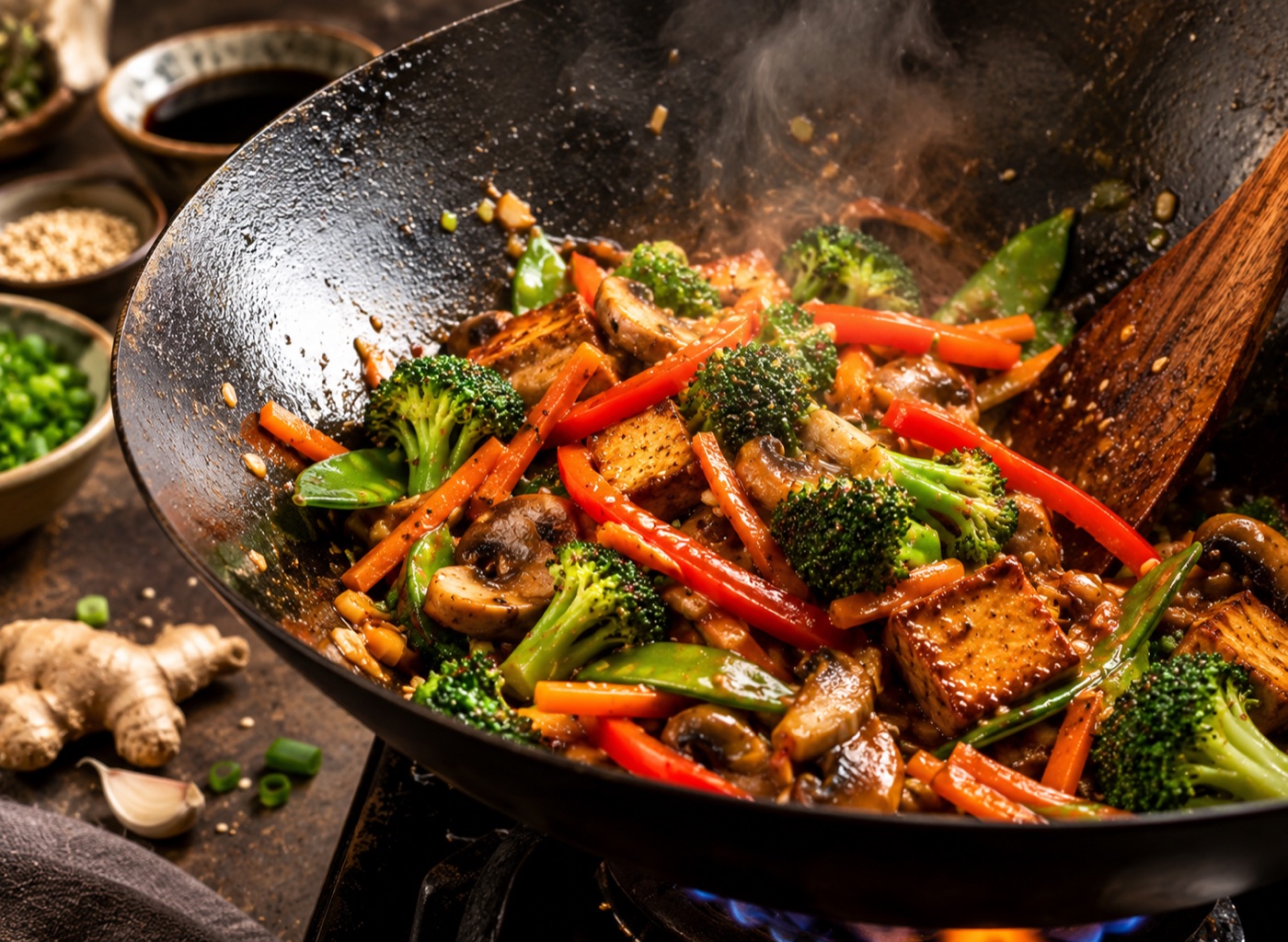 Gemüse und Tofu in der Wok-Sauce im heißen Wok